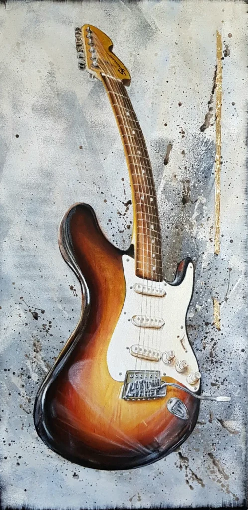 Gitár Egy gitárt ábrázoló festmény. 30 x 60 cm, feszített vászon, akril.