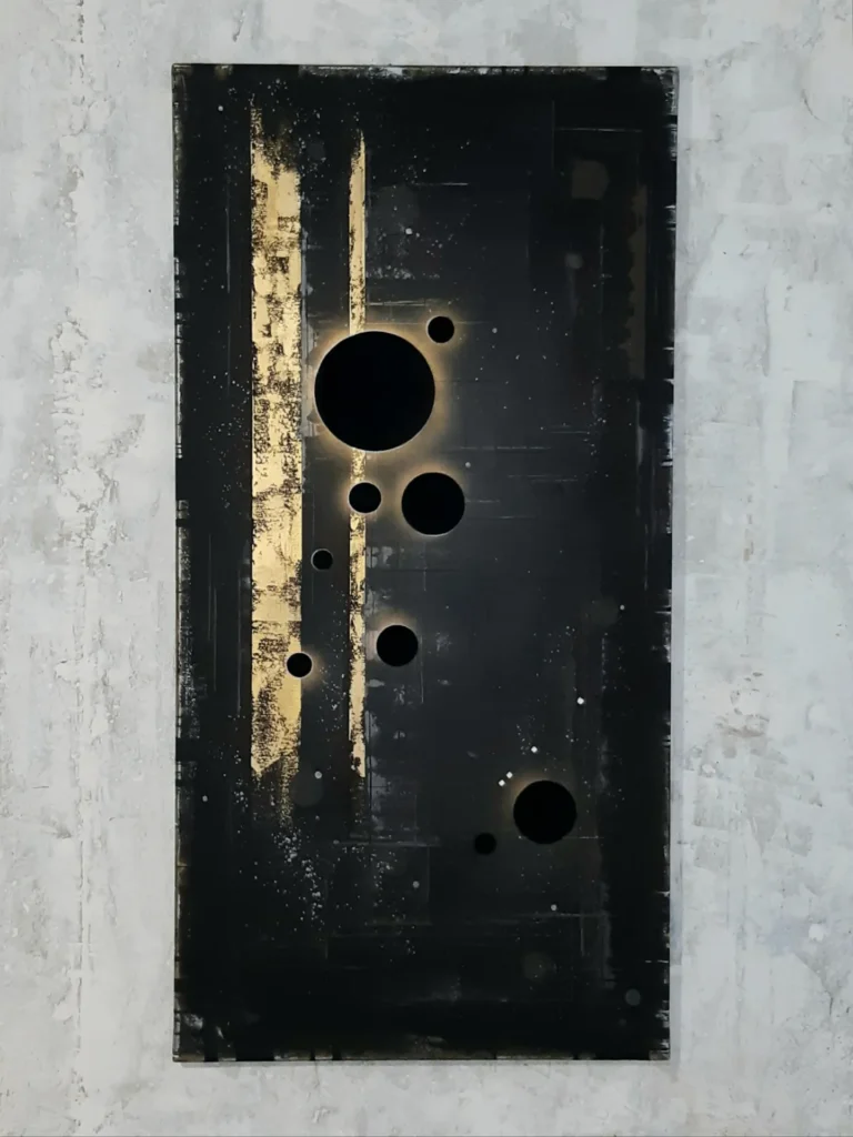 Black Absztrakt, feketelyukakat ábrázoló festmény. 50x100 cm vászon, akril, vegyes technika - 2025.09. (magántulajdonban)